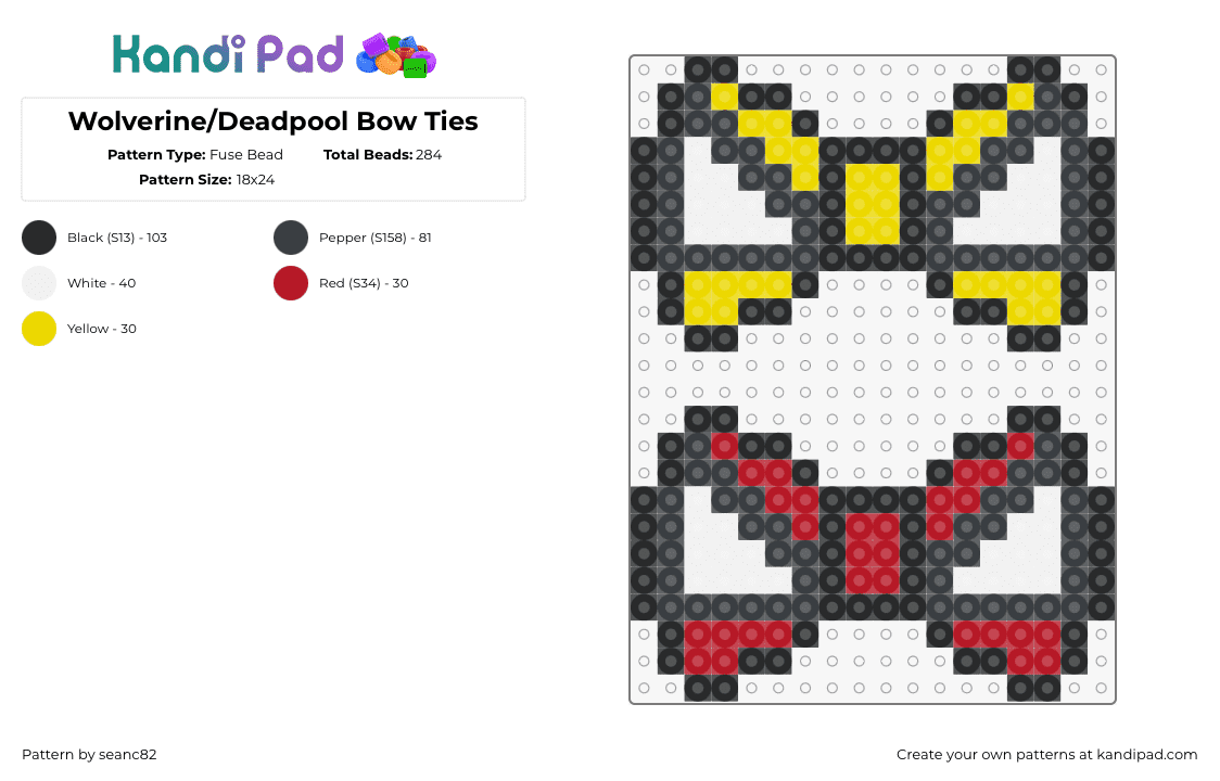 Wolverine/Deadpool Bow Ties - Fuse Bead Pattern by seanc82 on Kandi Pad - wolverine,deadpool,bow,xmen,superhero,marvel,comic,tie,clothing,eyes,yellow,red,yellow,white