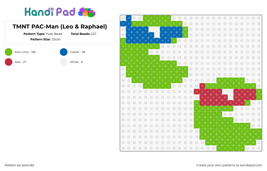 TMNT PAC-Man (Leo & Raphael) - Fuse Bead Pattern by seanc82 on Kandi Pad - tmnt,pacman,teenage mutant ninja turtles,mashup,leonardo,raphael,characters,green,red,blue