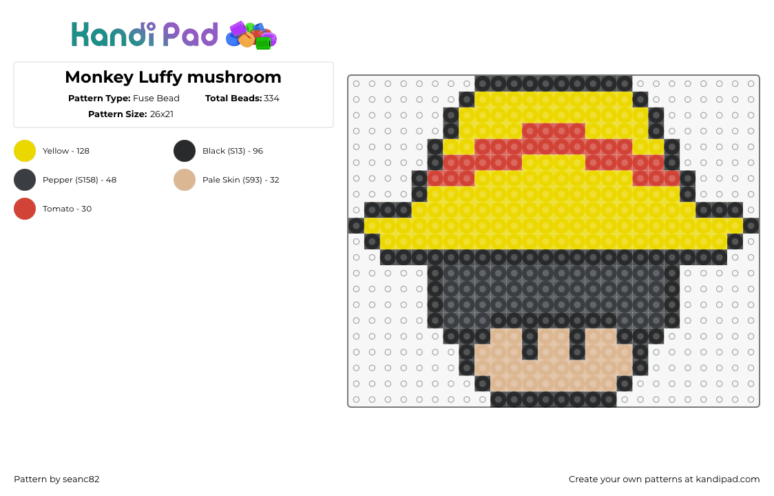 Monkey Luffy mushroom - Fuse Bead Pattern by seanc82 on Kandi Pad - monkey d luffy,one piece,mushroom,mario,mashup,anime,video game,straw hat,yellow,gray