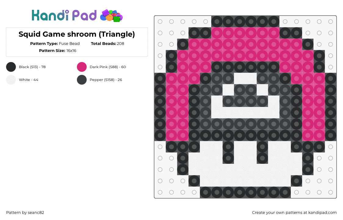 Squid Game shroom (Triangle) - Fuse Bead Pattern by seanc82 on Kandi Pad - squid game,mushroom,mario,tv show,mashup,pink,black,white