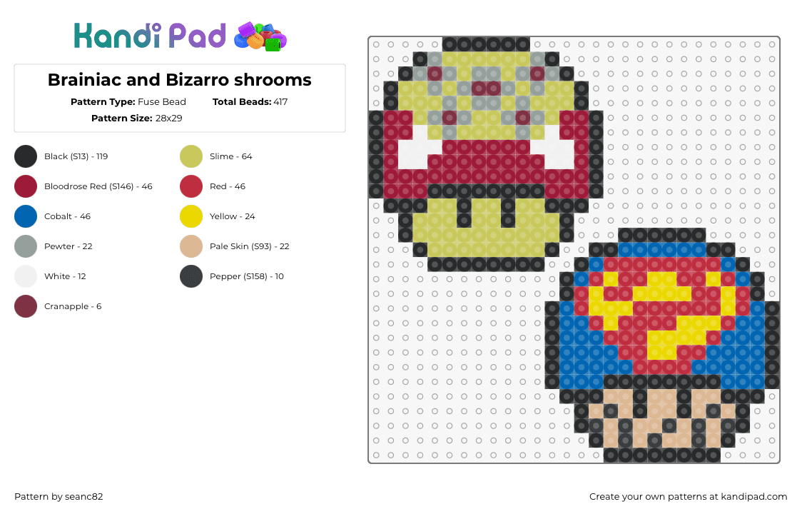 Brainiac and Bizarro shrooms - Fuse Bead Pattern by seanc82 on Kandi Pad - brainiac,bizarro,super friends,mushrooms,mario,mashup,red,blue,yellow