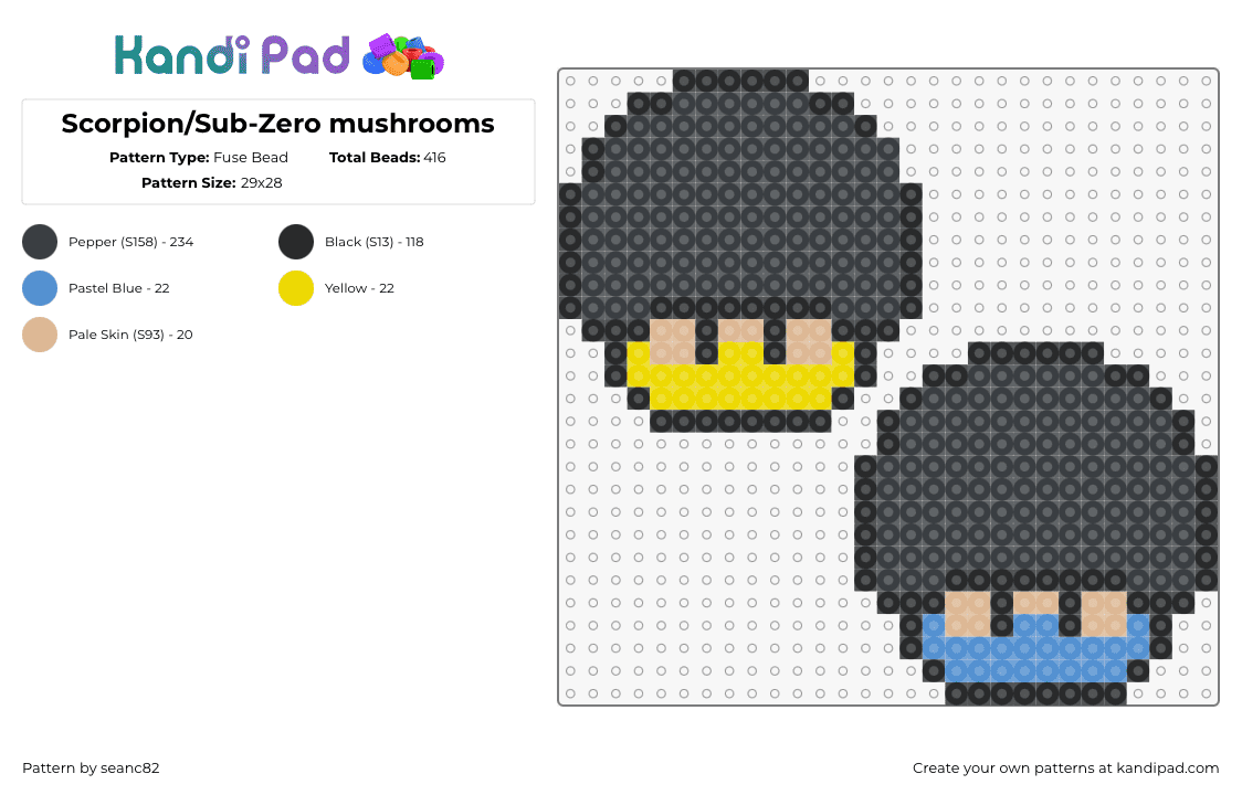 Scorpion/Sub-Zero mushrooms - Fuse Bead Pattern by seanc82 on Kandi Pad - scorpion,subzero,mushrooms,mortal kombat,mashup,video game,mario,black,blue,yellow