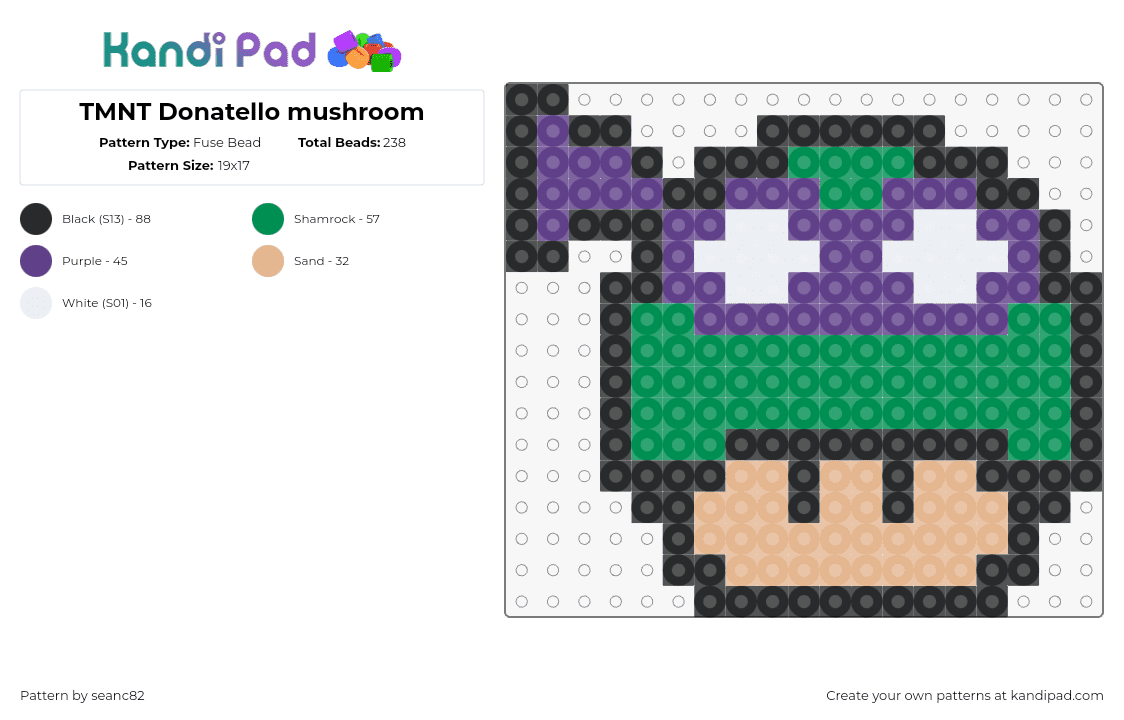 TMNT Donatello mushroom - Fuse Bead Pattern by seanc82 on Kandi Pad - donatello,tmnt,mushroom,teenage mutant ninja turtles,nintendo,mario,mashup,video game,purple,red,tan