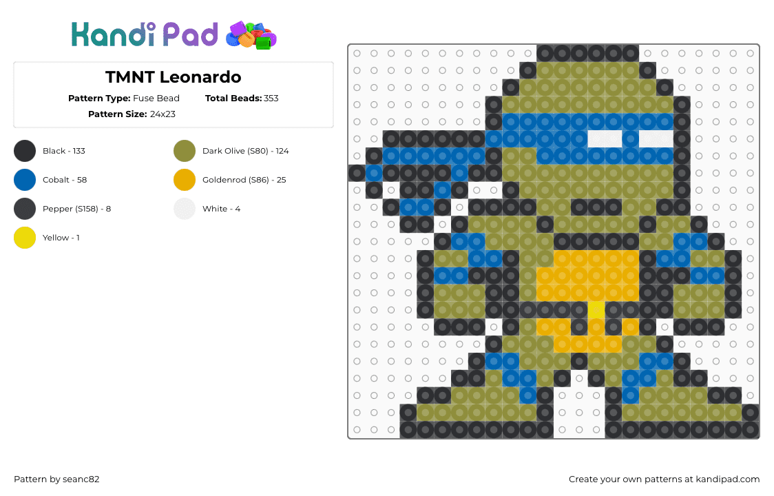 TMNT Leonardo - Fuse Bead Pattern by seanc82 on Kandi Pad - leonardo,tmnt,teenage mutant ninja turtles,character,karate,cartoon,tv show,green,blue