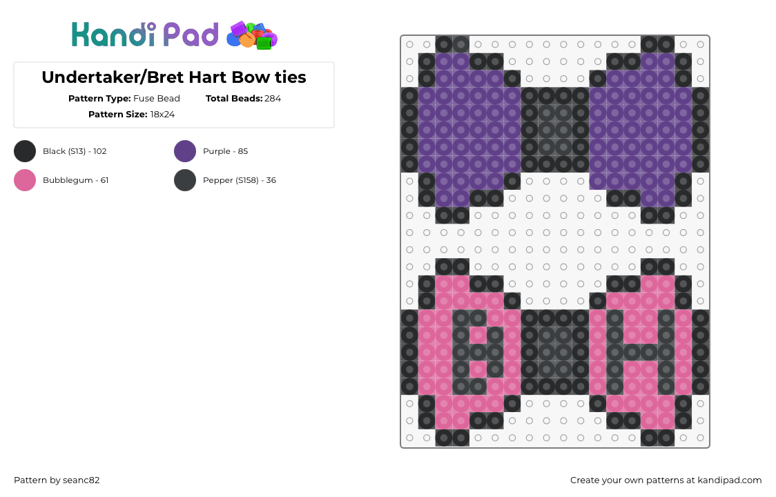 Undertaker/Bret Hart Bow ties - Fuse Bead Pattern by seanc82 on Kandi Pad - undertaker,bret hart,bow,tie,wrestling,sports,clothing,pink,purple,gray