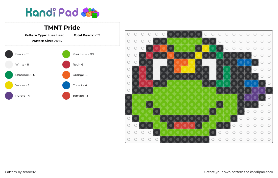 TMNT Pride - Fuse Bead Pattern by seanc82 on Kandi Pad - tmnt,teenage mutant ninja turtles,pride,colorful,character,head,green