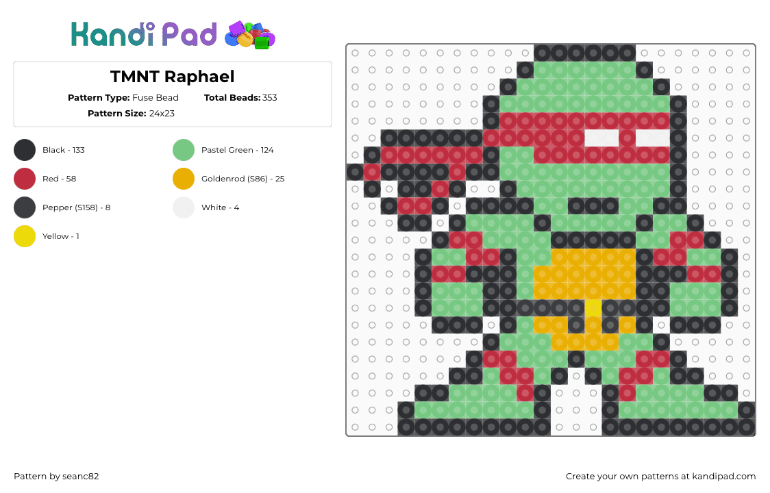 TMNT Raphael - Fuse Bead Pattern by seanc82 on Kandi Pad - raphael,tmnt,teenage mutant ninja turtles,character,karate,cartoon,tv show,green,red