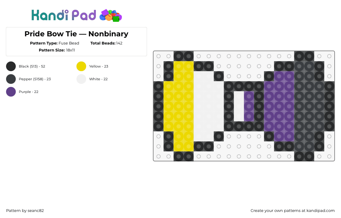 Pride Bow Tie — Nonbinary - Fuse Bead Pattern by seanc82 on Kandi Pad - nonbinary,bow,pride,tie,clothing,stripes,yellow,white,purple,black