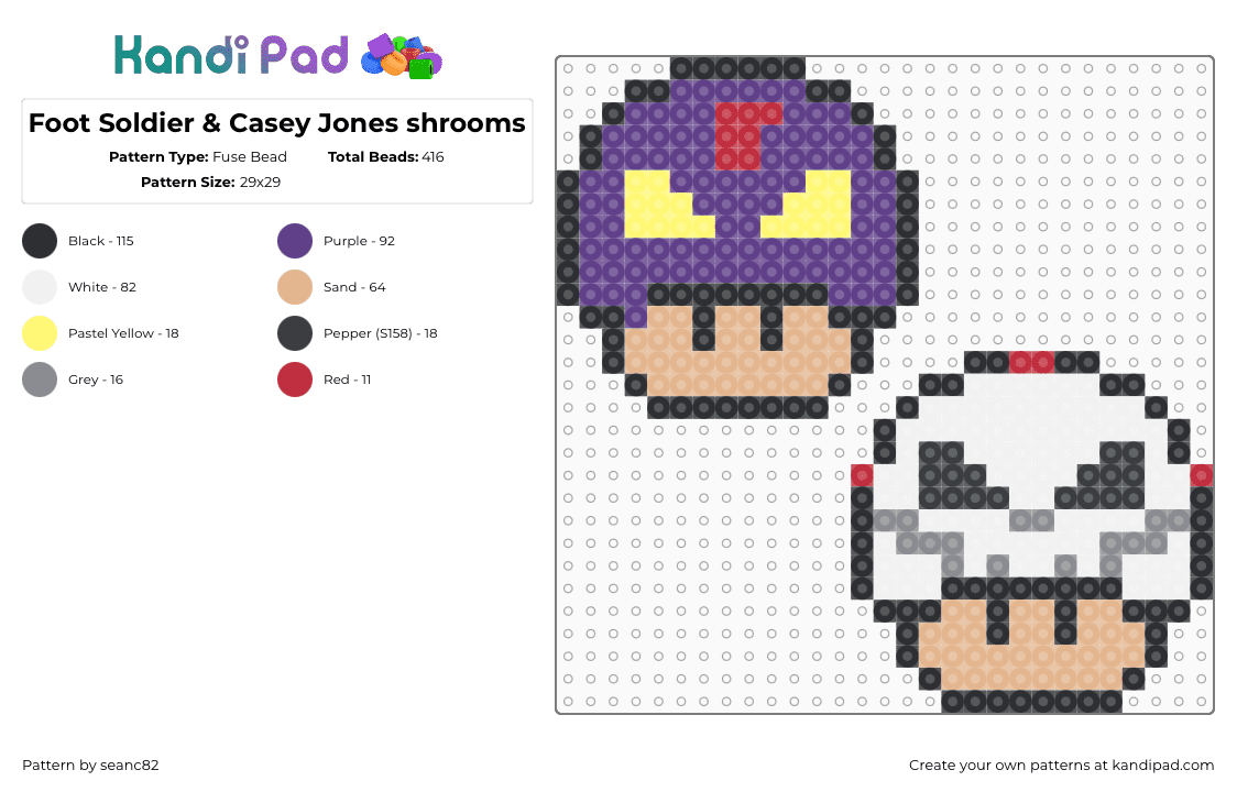 Foot Soldier & Casey Jones shrooms - Fuse Bead Pattern by seanc82 on Kandi Pad - casey jones,foot soldier,mushrooms,mashup,comic,tan,gray,purple