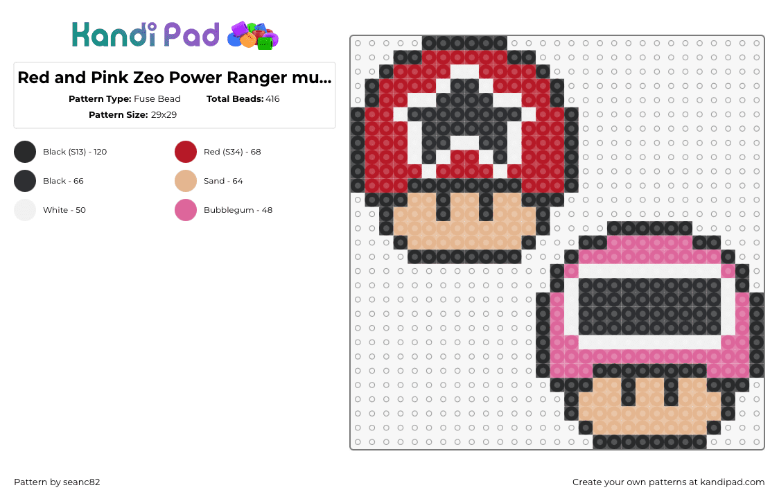 Red and Pink Zeo Power Ranger mushrooms - Fuse Bead Pattern by seanc82 on Kandi Pad - power rangers,mushroom,mario,mashup,tv show,video game,nostalgia,red,pink,tan