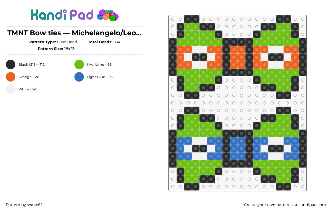 TMNT Bow ties — Michelangelo/Leonardo - Fuse Bead Pattern by seanc82 on Kandi Pad - michelangelo,leonardo,tmnt,bow,teenage mutant ninja turtles,tie,clothing,eyes,green,orange,blue