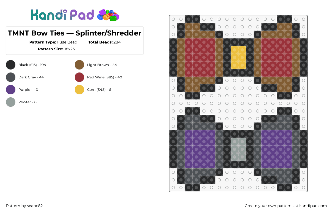 TMNT Bow Ties — Splinter/Shredder - Fuse Bead Pattern by seanc82 on Kandi Pad - tmnt,bow,splinter,shredder,teenage mutant ninja turtles,tie,clothing,purple,red,brown,gray