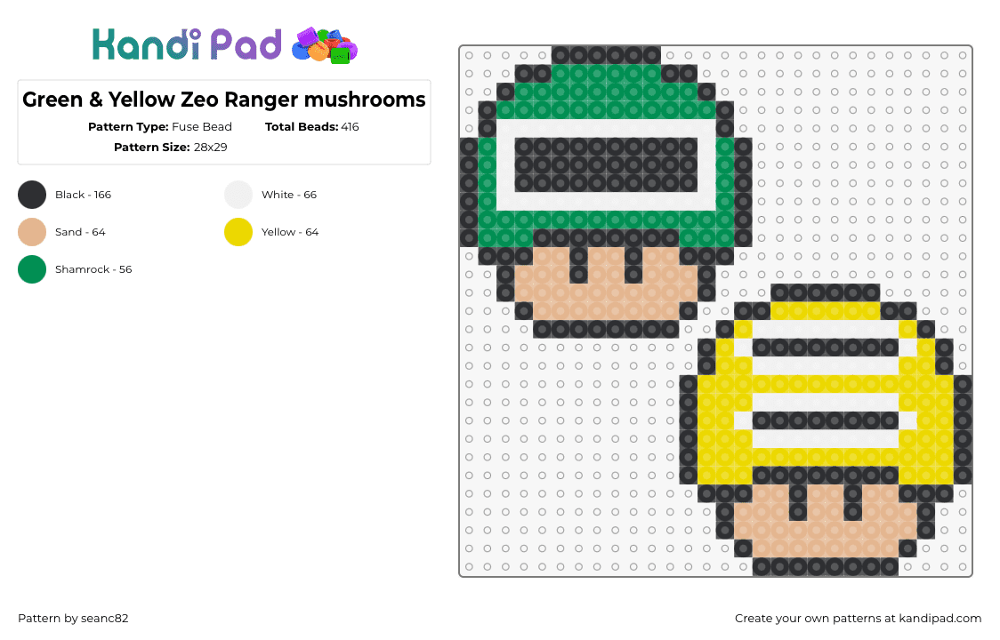 Green & Yellow Zeo Ranger mushrooms - Fuse Bead Pattern by seanc82 on Kandi Pad - power rangers,mushroom,mario,mashup,tv show,video game,nostalgia,green,yellow,tan