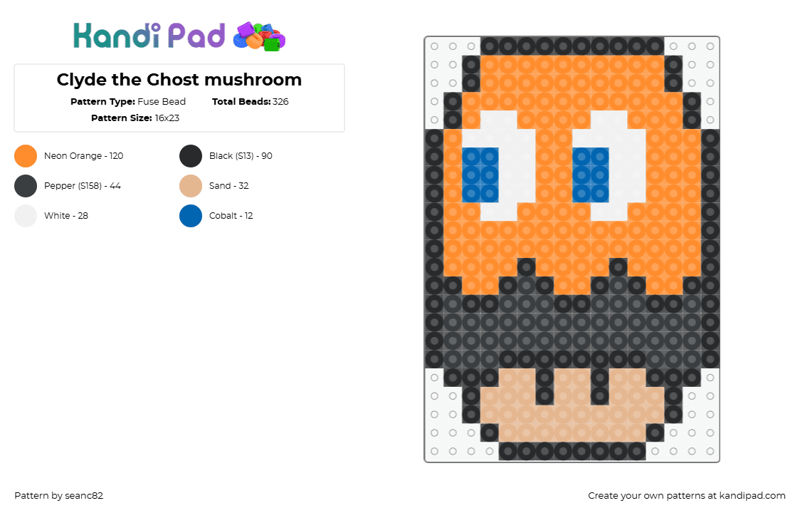 Clyde the Ghost mushroom - Fuse Bead Pattern by seanc82 on Kandi Pad - clyde,ghost,pacman,mushroom,mario,arcade,classic,retro,video game,orange,gray,tan