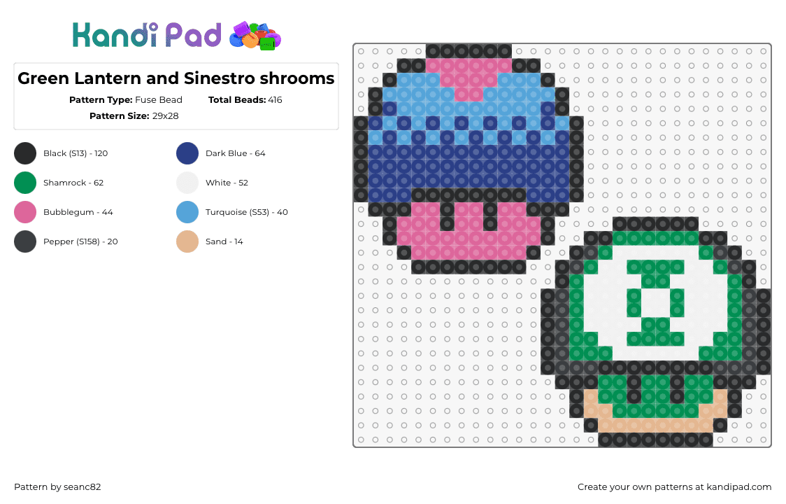 Green Lantern and Sinestro shrooms - Fuse Bead Pattern by seanc82 on Kandi Pad - sinestro,green lantern,mushrooms,mario,superhero,super friends,classic,mashup,green,blue,pink