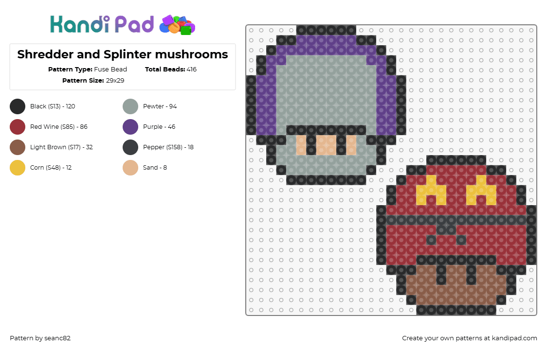 Shredder and Splinter mushrooms - Fuse Bead Pattern by seanc82 on Kandi Pad - shredder,splinter,mushrooms,mario,nintendo,tmnt,teenage mutant ninja turtles,mashup,gray,purple,red,brown