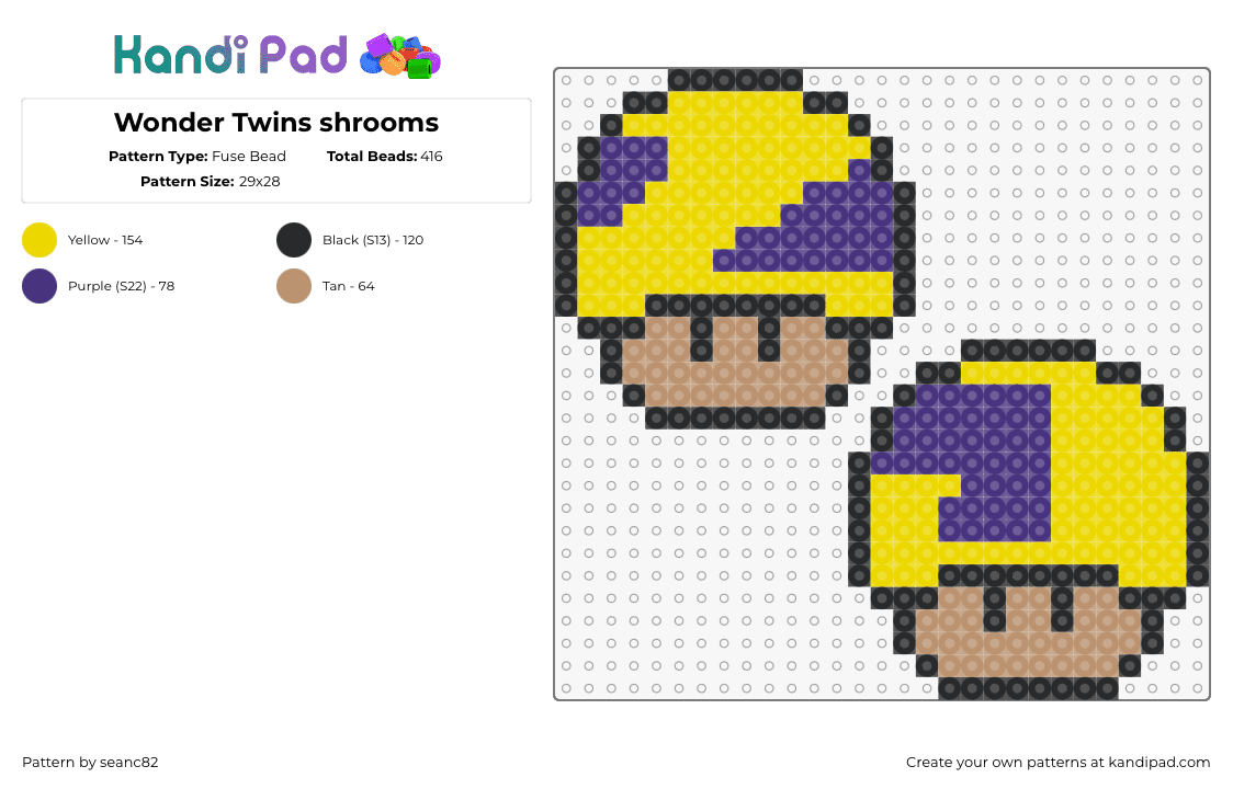 Wonder Twins shrooms - Fuse Bead Pattern by seanc82 on Kandi Pad - wonder twins,mushrooms,superheros,mario,mashup,nostalgia,yellow,purple,tan