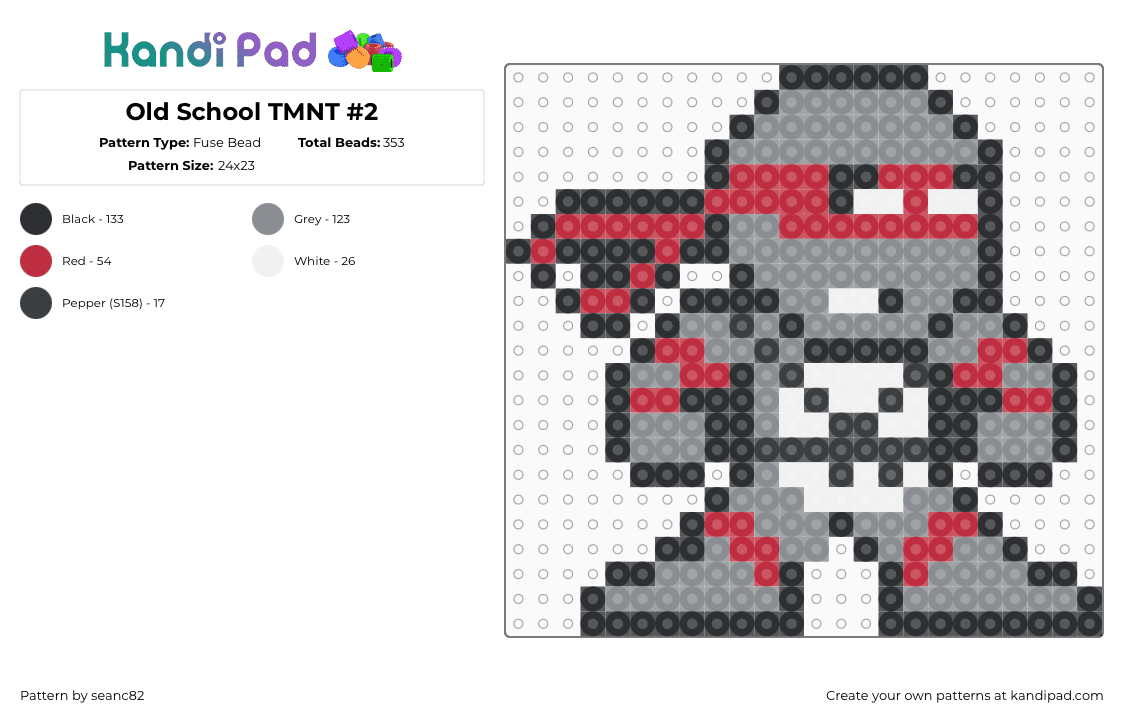 Old School TMNT #2 - Fuse Bead Pattern by seanc82 on Kandi Pad - raphael,tmnt,teenage mutant ninja turtles,character,karate,cartoon,tv show,gray,red