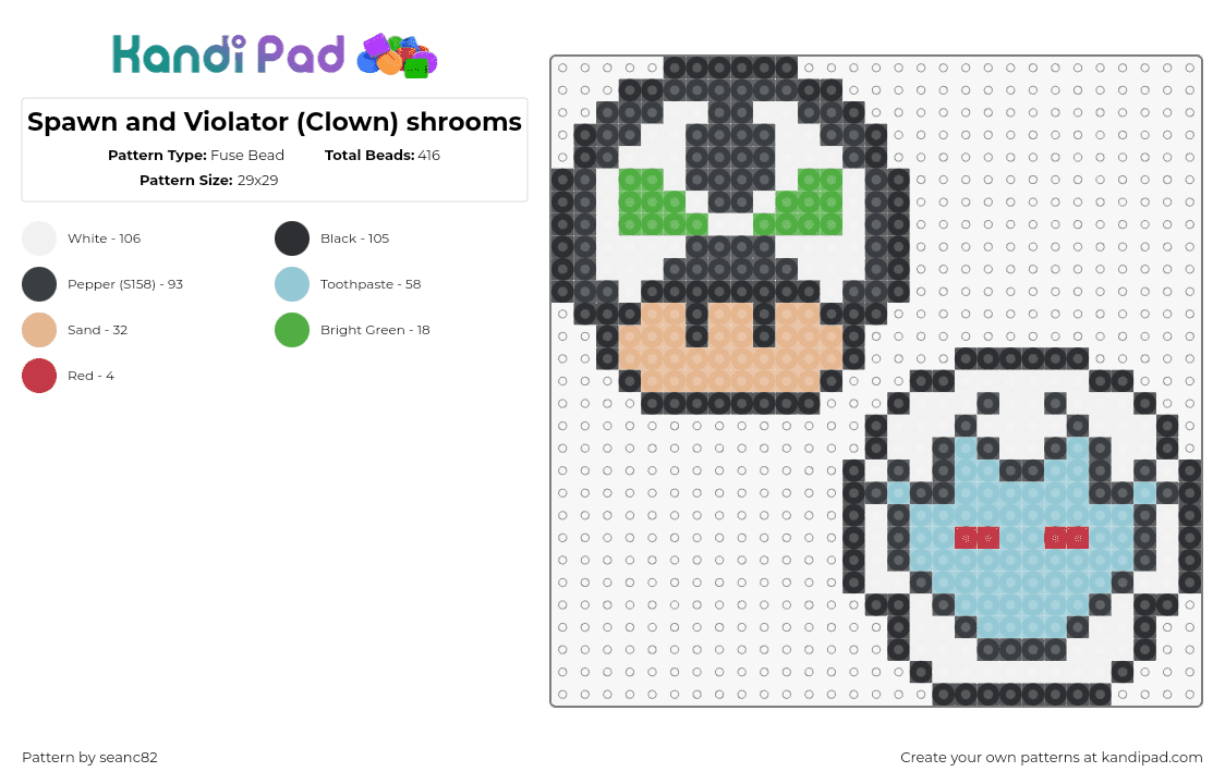 Spawn and Violator (Clown) shrooms - Fuse Bead Pattern by seanc82 on Kandi Pad - spawn,violator,mushroom,characters,mashup,comic,white,light blue,black,tan