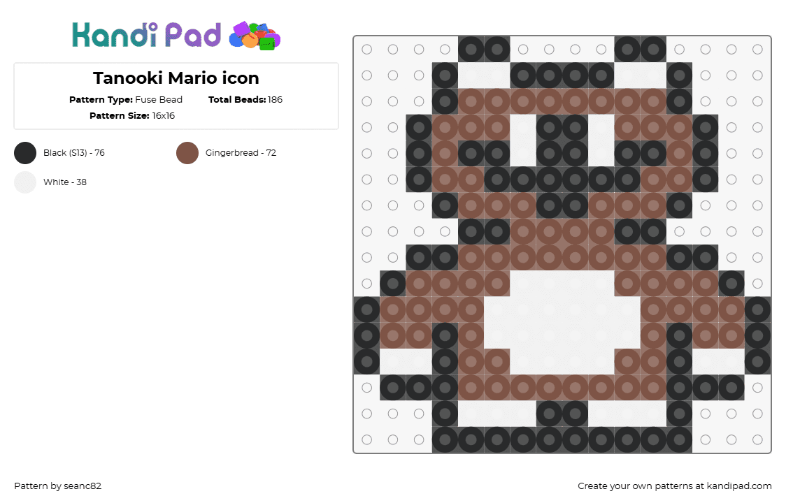 Tanooki Mario icon - Fuse Bead Pattern by seanc82 on Kandi Pad - tanooki,mario,costume,raccoon,video game,nintendo,brown,white