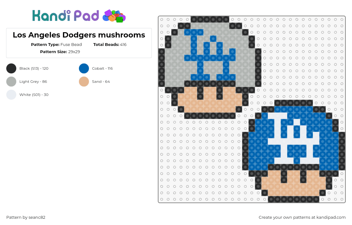 Los Angeles Dodgers mushrooms - Fuse Bead Pattern by seanc82 on Kandi Pad - dodgers,los angeles,mushroom,mario,mashup,baseball,sports,team,blue,gray,tan