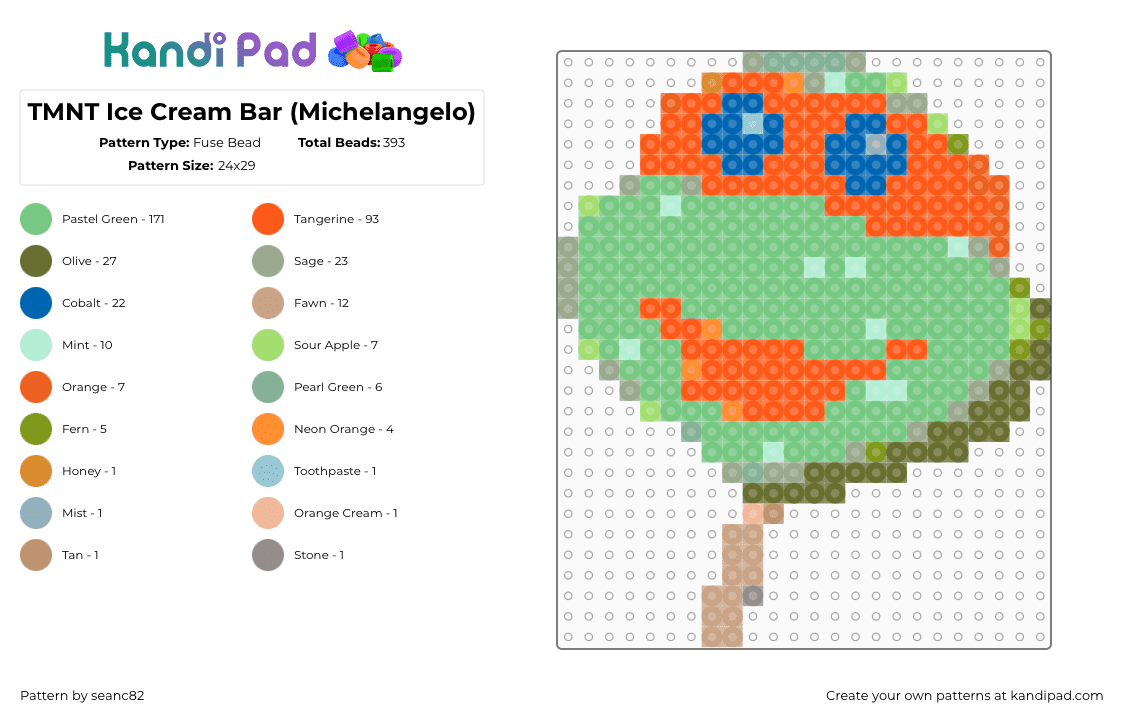 TMNT Ice Cream Bar (Michelangelo) - Fuse Bead Pattern by seanc82 on Kandi Pad - michelangelo,tmnt,ice cream,teenage mutant ninja turtles,dessert,summer,nostalgia,green,orange