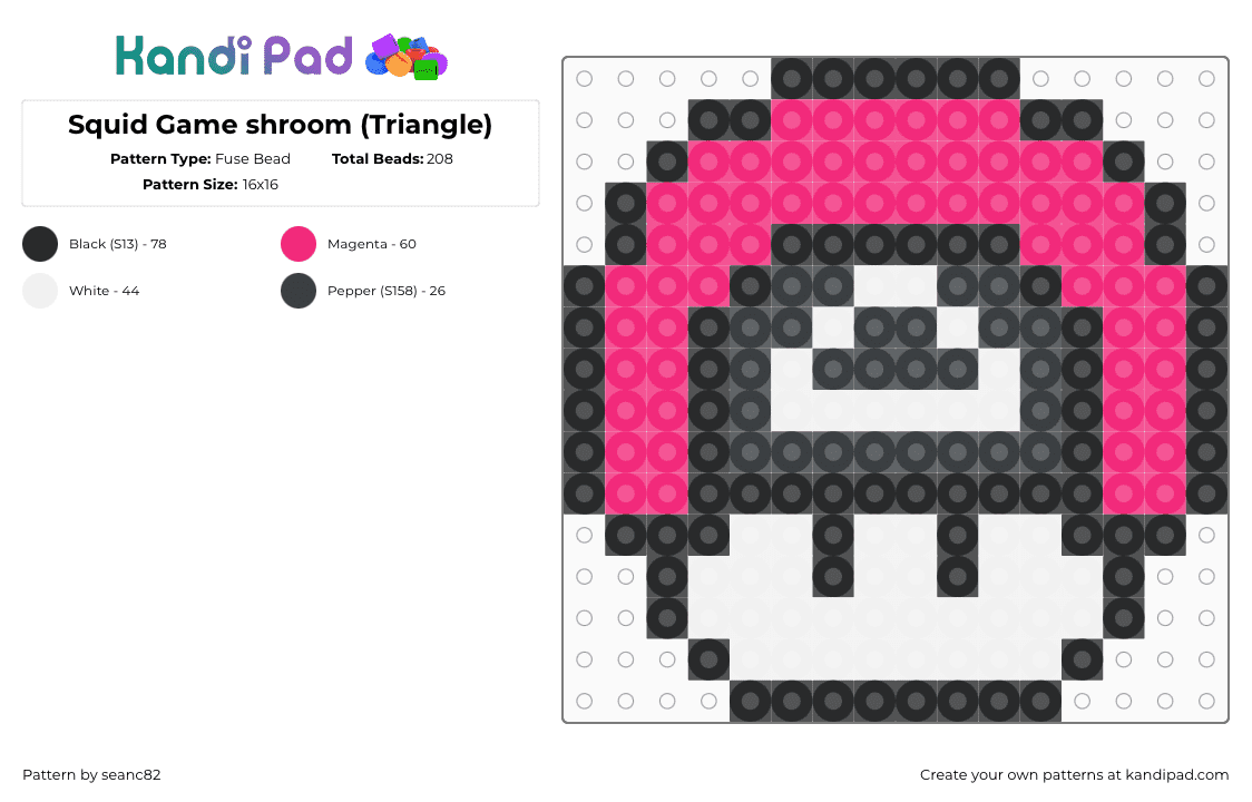 Squid Game shroom (Triangle) - Fuse Bead Pattern by seanc82 on Kandi Pad - squid game,mushroom,mario,tv show,mashup,pink,black,white