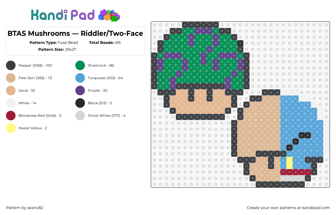 BTAS Mushrooms — Riddler/Two-Face - Fuse Bead Pattern by seanc82 on Kandi Pad - riddler,twoface,batman,mushroom,mario,mashup,comic,dc,video game,tan,light blue,green