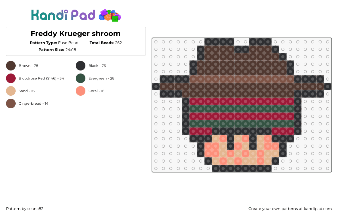 Freddy Krueger shroom - Fuse Bead Pattern by seanc82 on Kandi Pad - freddy kreuger,nightmare on elm street,mushroom,mashup,horror,villain,movie,character,mario,hat,brown,red,green,tan