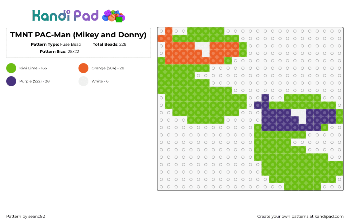 TMNT PAC-Man (Mikey and Donny) - Fuse Bead Pattern by seanc82 on Kandi Pad - tmnt,pacman,teenage mutant ninja turtles,mashup,michelangelo,donatello,characters,green,purple,orange