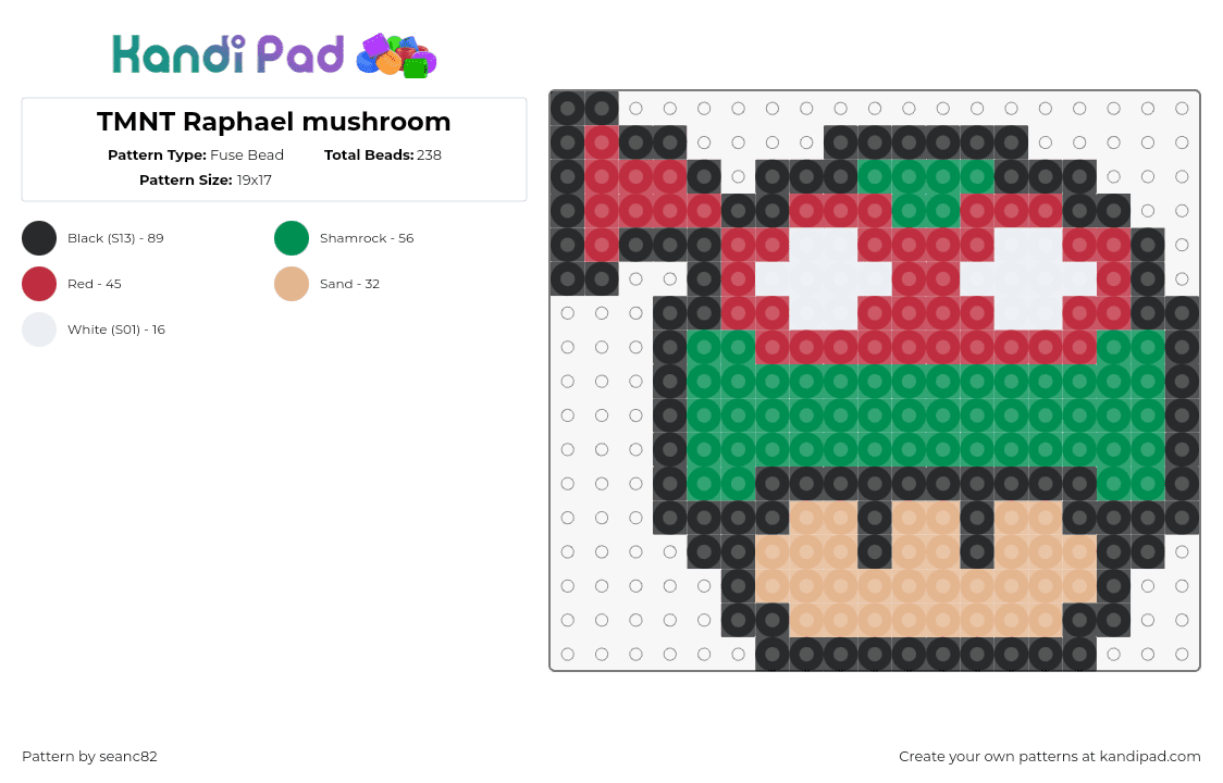 TMNT Raphael mushroom - Fuse Bead Pattern by seanc82 on Kandi Pad - raphael,tmnt,mushroom,teenage mutant ninja turtles,nintendo,mario,mashup,video game,green,red,tan