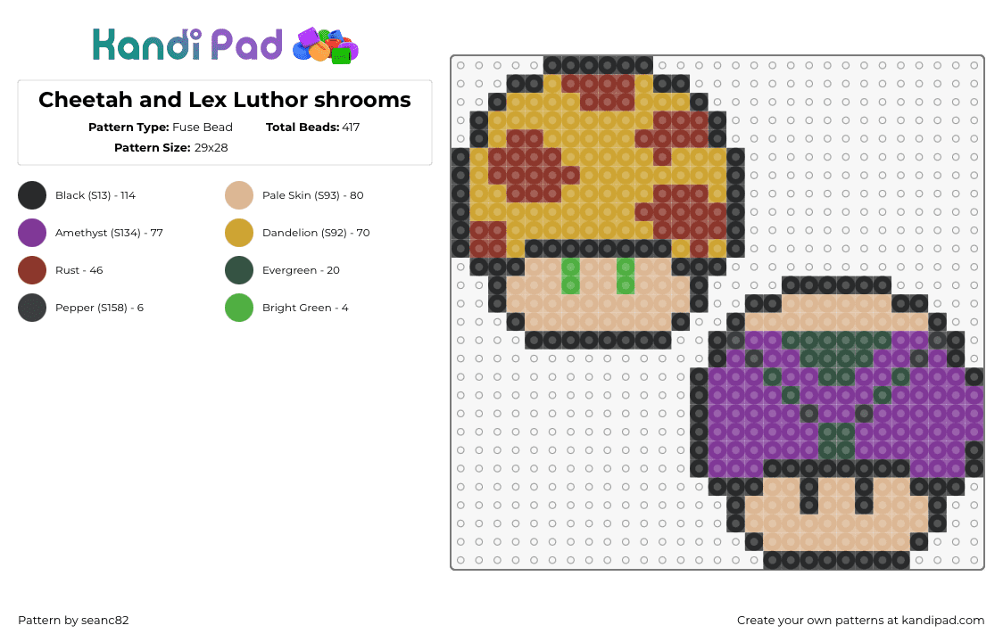 Cheetah and Lex Luthor shrooms - Fuse Bead Pattern by seanc82 on Kandi Pad - cheetah,lex luthor,mushrooms,mario,mashup,super friends,tan,purple