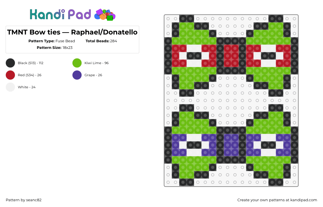 TMNT Bow ties — Raphael/Donatello - Fuse Bead Pattern by seanc82 on Kandi Pad - raphael,donatello,tmnt,bow,eyes,teenage mutant ninja turtles,tie,clothing,green,red,purple