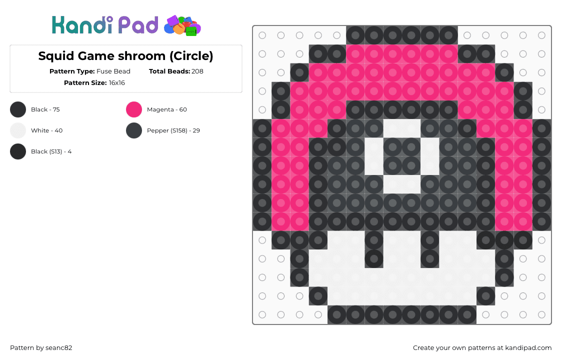 Squid Game shroom (Circle) - Fuse Bead Pattern by seanc82 on Kandi Pad - squid game,mushroom,mario,tv show,mashup,pink,black,white