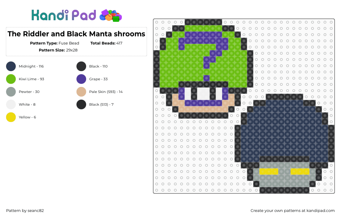 The Riddler and Black Manta shrooms - Fuse Bead Pattern by seanc82 on Kandi Pad - riddler,manta,mushrooms,mashup,mario,villain,comic,super friends,green,gray,purple