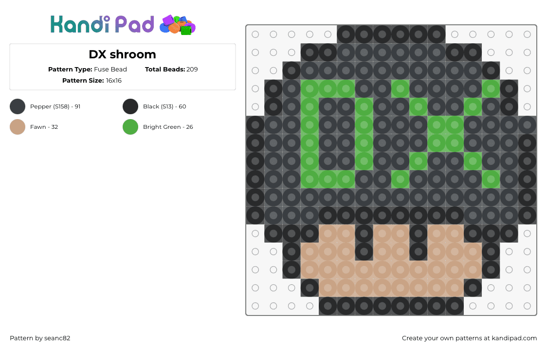 DX shroom - Fuse Bead Pattern by seanc82 on Kandi Pad - dx,mushroom,mario,nintendo,black,tan,green