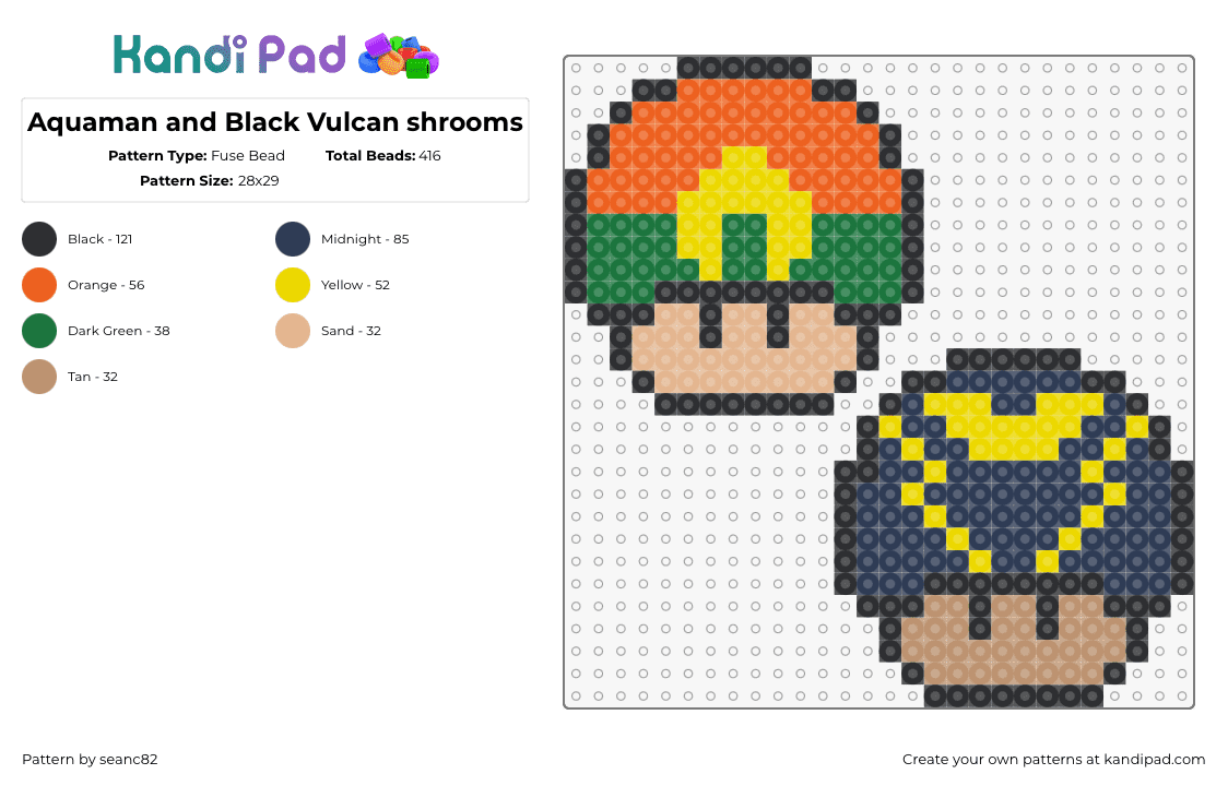 Aquaman and Black Vulcan shrooms - Fuse Bead Pattern by seanc82 on Kandi Pad - aquaman,black vulcan,mushrooms,superfriends,mashup,blue,tan,orange,yellow