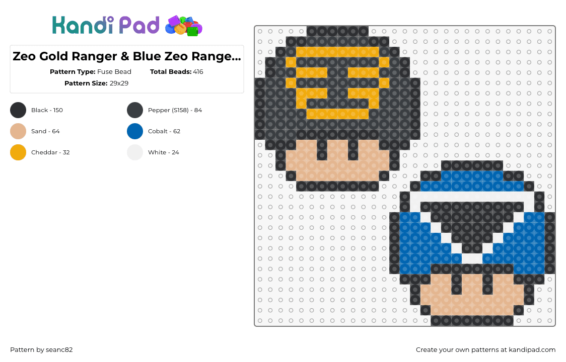 Zeo Gold Ranger & Blue Zeo Ranger mushrooms - Fuse Bead Pattern by seanc82 on Kandi Pad - power rangers,mushroom,mario,mashup,tv show,video game,nostalgia,gold,black,blue,tan