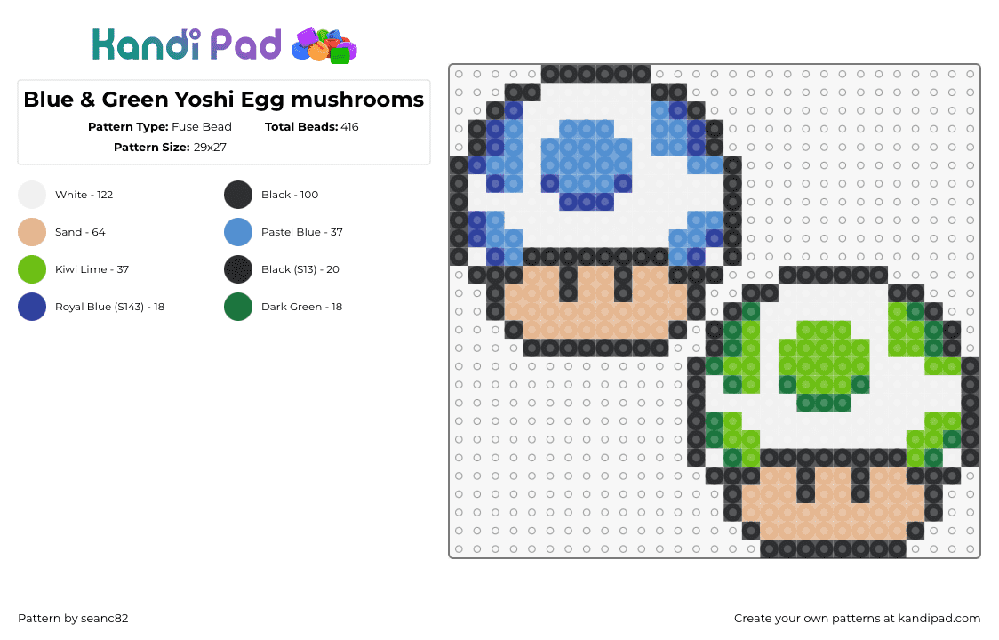 Blue & Green Yoshi Egg mushrooms - Fuse Bead Pattern by seanc82 on Kandi Pad - yoshi,egg,mushrooms,mario,nintendo,video game,mashup,polka dots,blue,green,white,tan