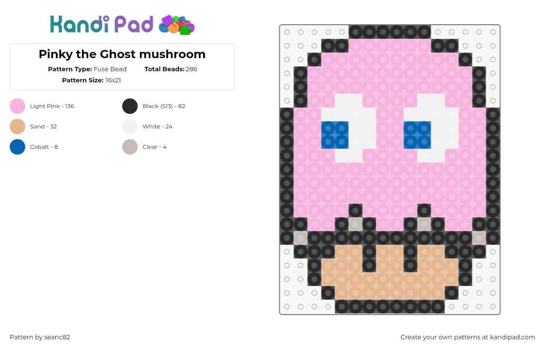 Pinky the Ghost mushroom - Fuse Bead Pattern by seanc82 on Kandi Pad - pinky,ghost,pacman,mushroom,mario,arcade,classic,retro,video game,pink,gray,tan