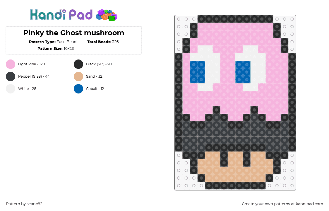 Pinky the Ghost mushroom - Fuse Bead Pattern by seanc82 on Kandi Pad - pinky,ghost,pacman,mushroom,mario,arcade,classic,retro,video game,pink,gray,tan