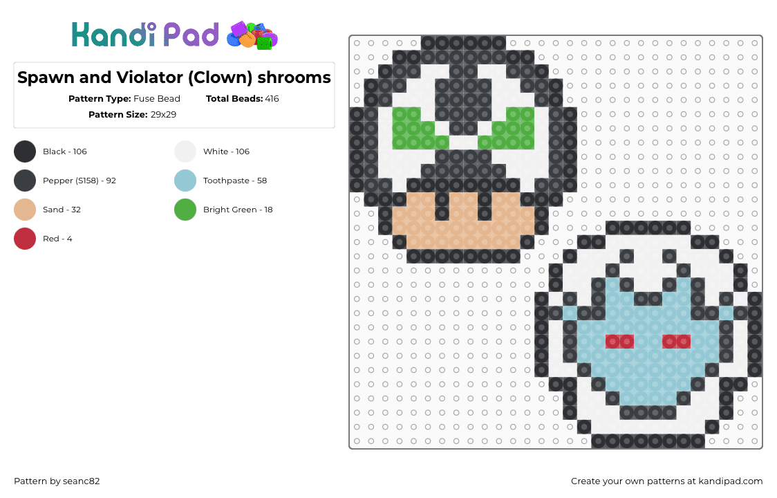 Spawn and Violator (Clown) shrooms - Fuse Bead Pattern by seanc82 on Kandi Pad - spawn,violator,mushroom,characters,mashup,comic,white,light blue,black,tan