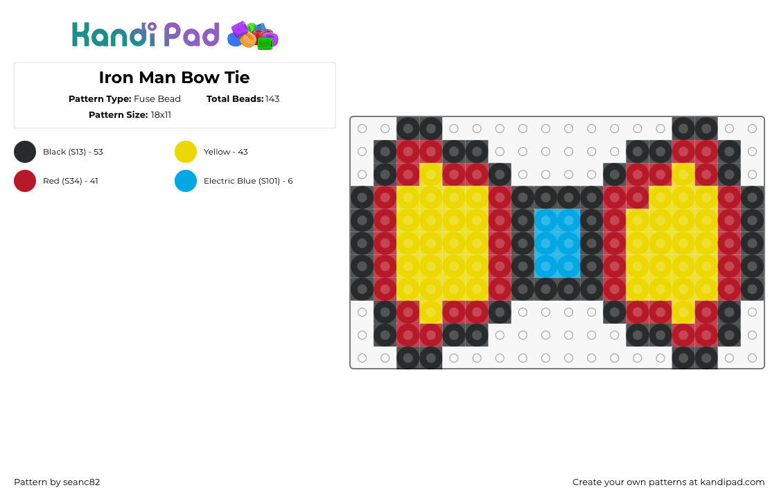 Iron Man Bow Tie - Fuse Bead Pattern by seanc82 on Kandi Pad - iron man,bow,superhero,marvel,comic,tie,clothing,yellow,red,light blue