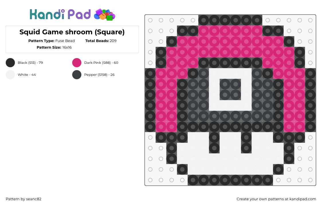 Squid Game shroom (Square) - Fuse Bead Pattern by seanc82 on Kandi Pad - squid game,mushroom,mario,tv show,mashup,pink,black,white