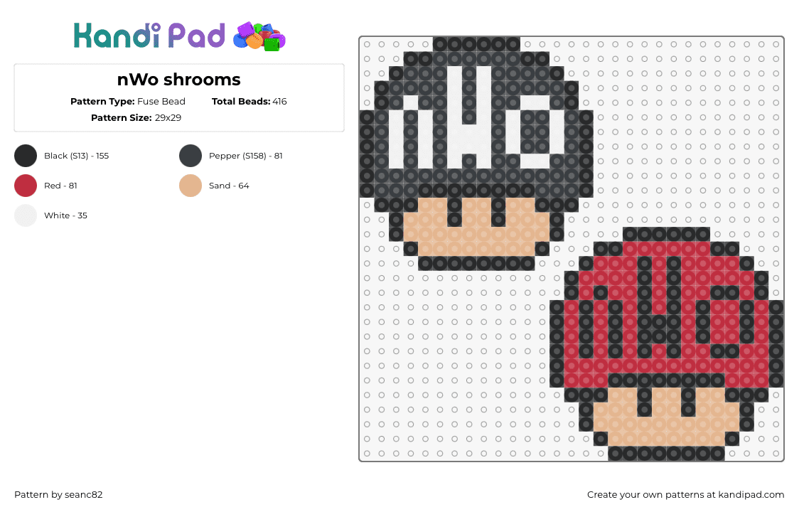 nWo shrooms - Fuse Bead Pattern by seanc82 on Kandi Pad - nwo,mushrooms,wrestling,new world order,mashup,mario,tan,black,red