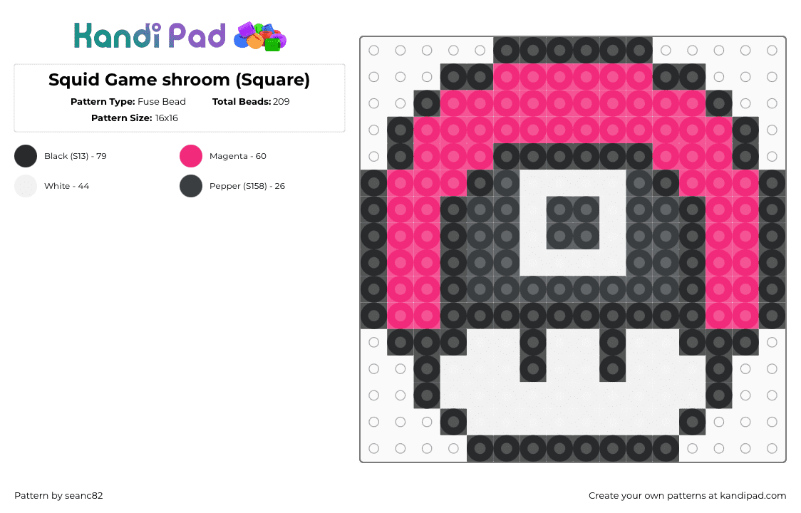 Squid Game shroom (Square) - Fuse Bead Pattern by seanc82 on Kandi Pad - squid game,mushroom,mario,tv show,mashup,pink,black,white