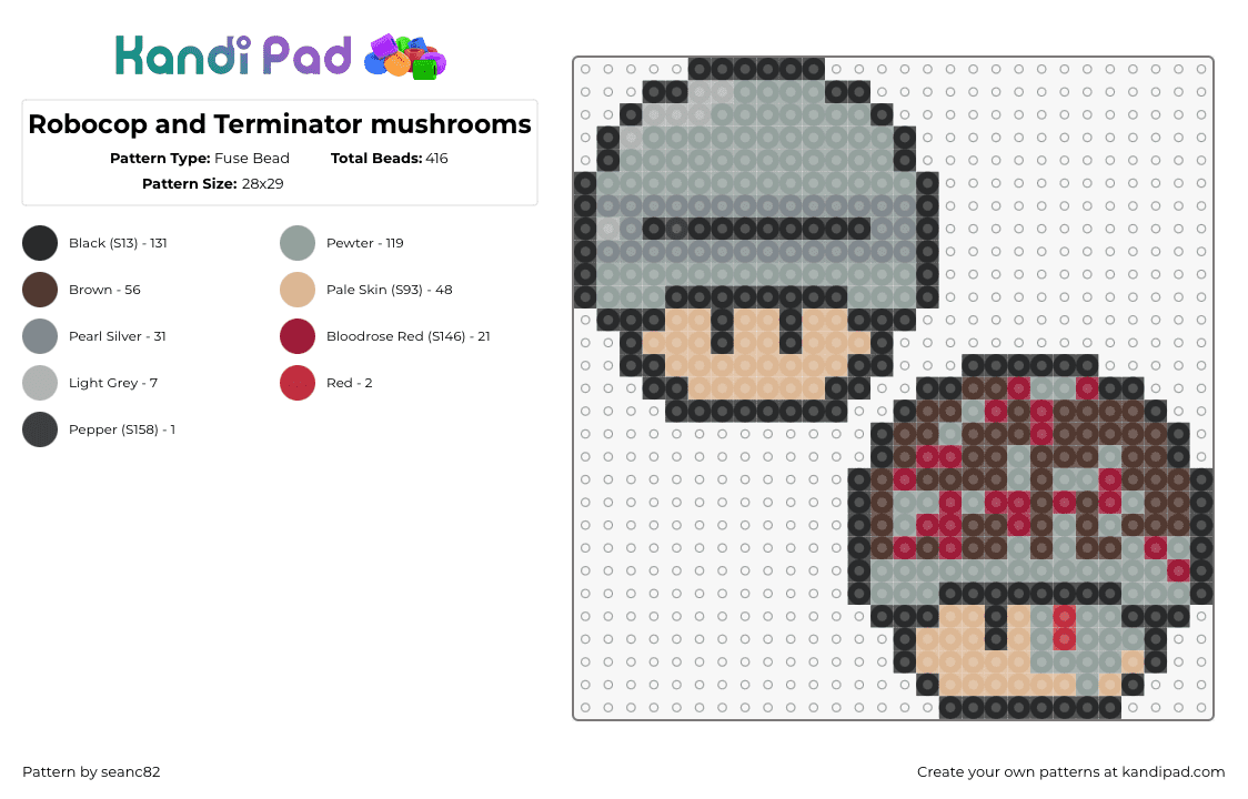 Robocop and Terminator mushrooms - Fuse Bead Pattern by seanc82 on Kandi Pad - robocop,terminator,cyborgs,move,robots,mushrooms,nintendo,mashup,video game,gray,tan,brown