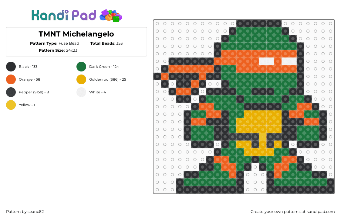 TMNT Michelangelo - Fuse Bead Pattern by seanc82 on Kandi Pad - michelangelo,tmnt,teenage mutant ninja turtles,character,karate,cartoon,tv show,green,orange