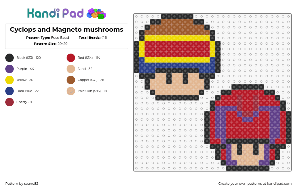 Cyclops and Magneto mushrooms - Fuse Bead Pattern by seanc82 on Kandi Pad - magneto,cyclops,mushrooms,mario,nintendo,xmen,superhero,marvel,comic,mashup,yellow,tan,purple,red