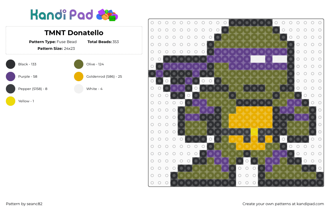 TMNT Donatello - Fuse Bead Pattern by seanc82 on Kandi Pad - donatello,tmnt,teenage mutant ninja turtles,character,karate,cartoon,tv show,green,purple